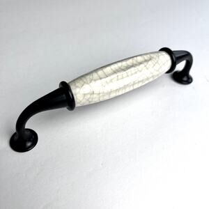 (8) White Ceramic & Black Metal VTG Inspired Crazed Drawer Pulls 5" Hole Center